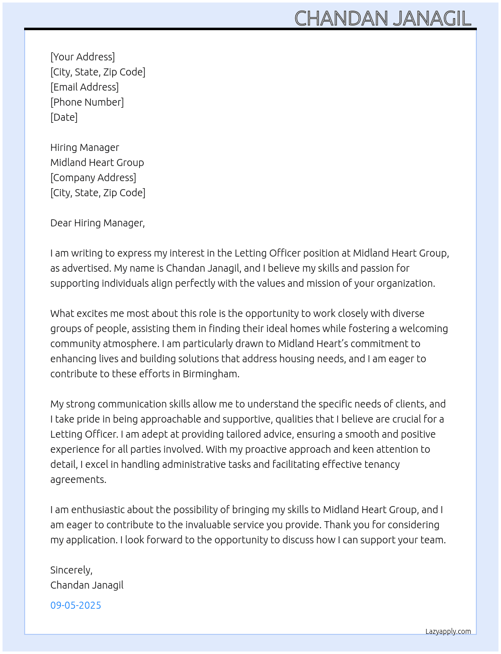 Cover letter for letting officer - LazyApply