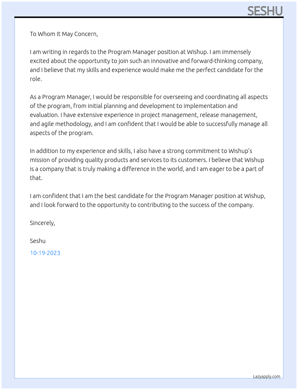 Program Manager At Wishup Cover Letter