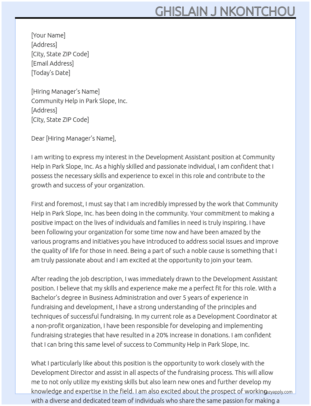 Development Assistant At Community Help in Park Slope , Inc Cover Letter