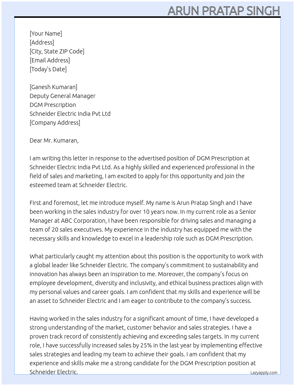DGM Prescription At Schneider Electric India Pvt Ltd Cover Letter