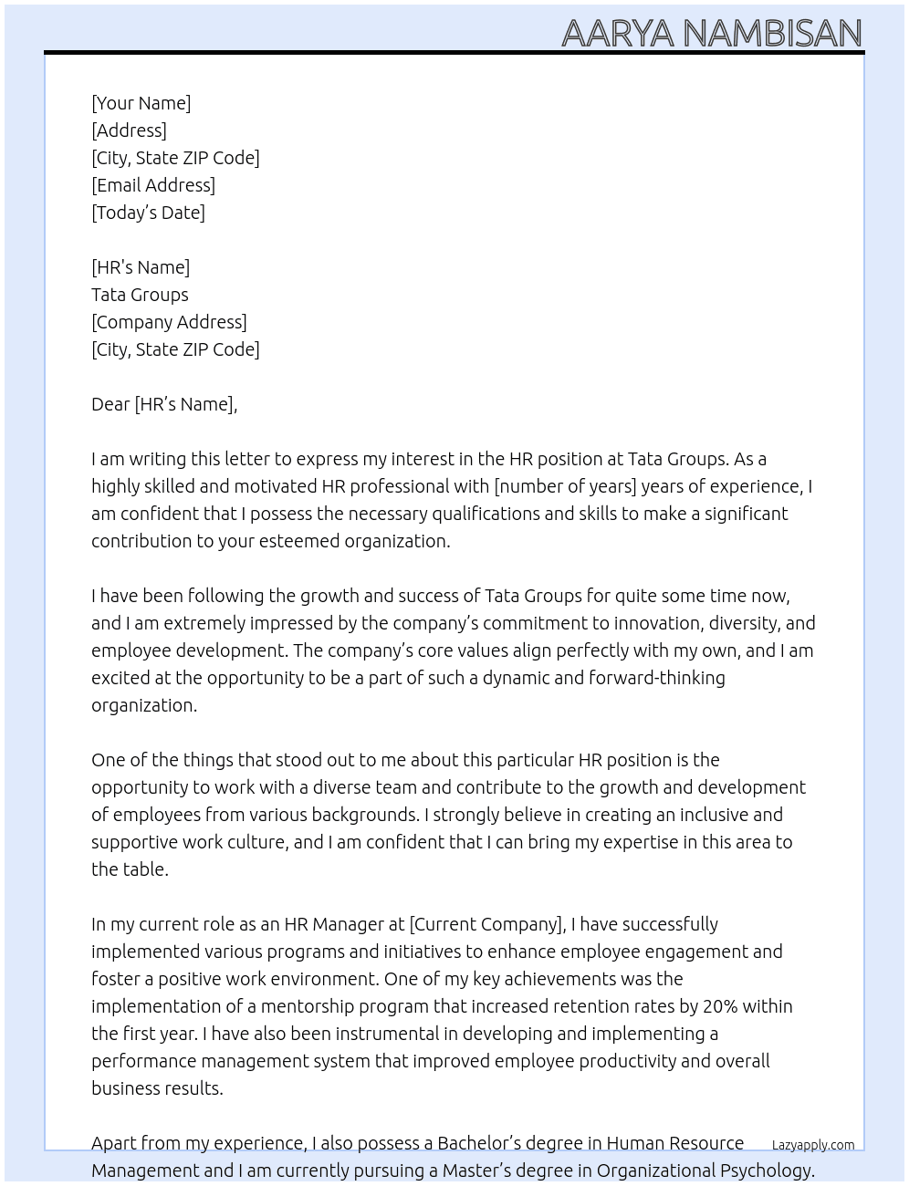 HR At Tata Groups Cover Letter