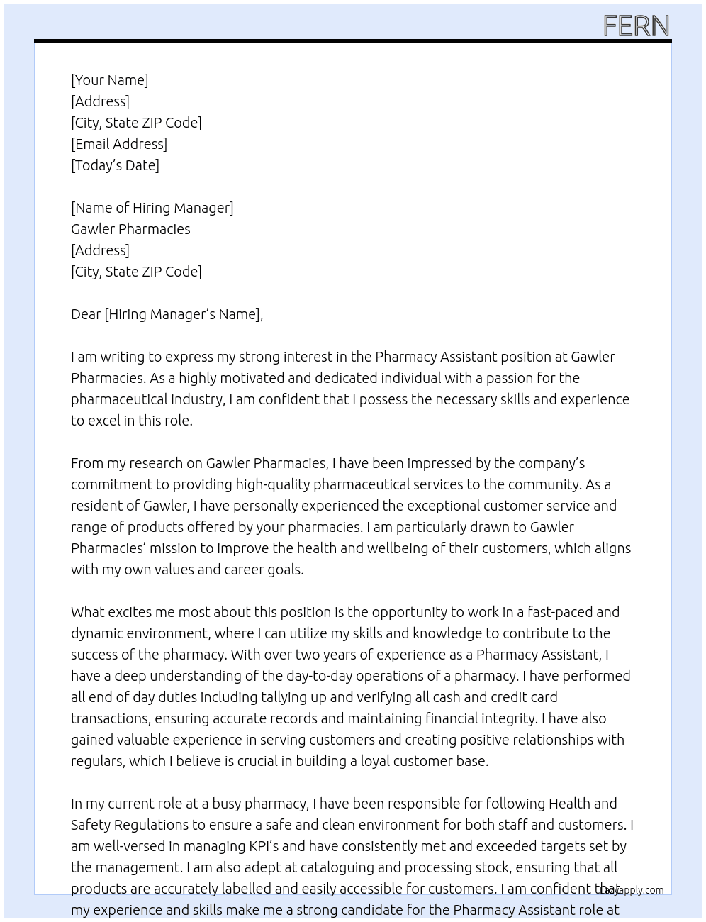 Pharmacy Assistant At Gawler Pharmacies Cover Letter