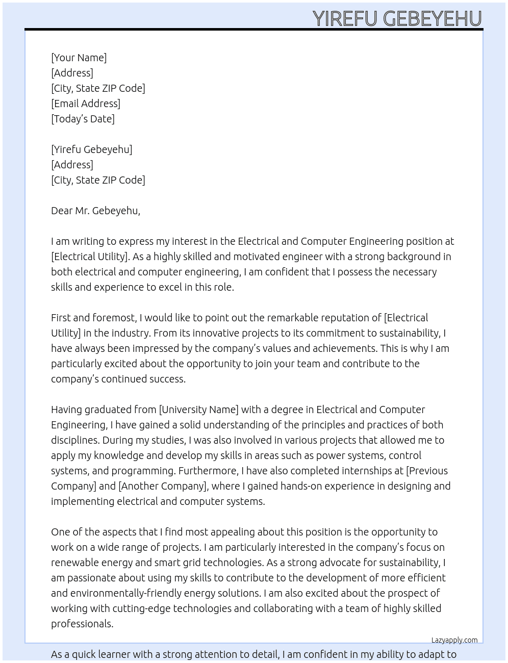 Electrical and computer engineering  At Electrical utility  Cover Letter