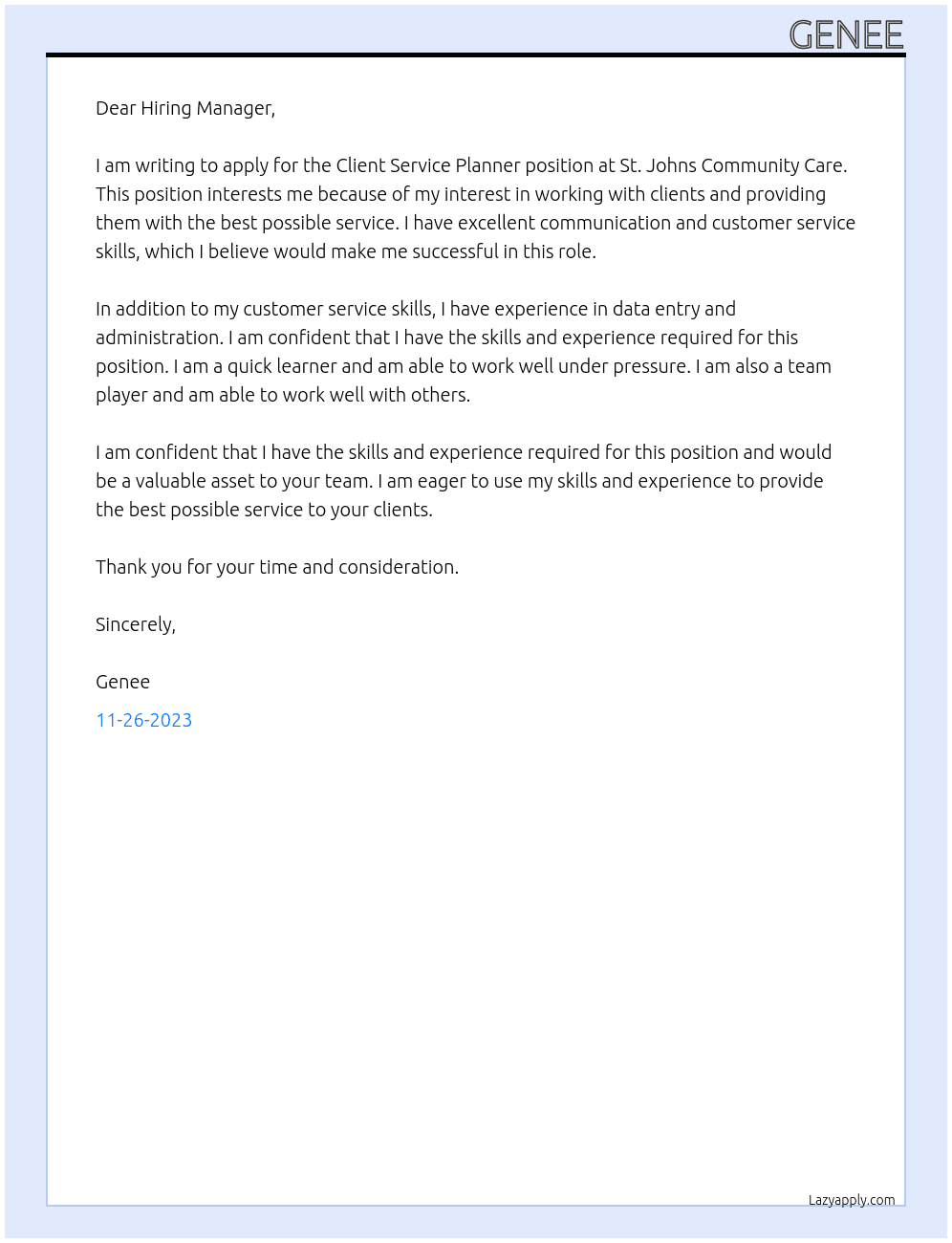 Client Service Planner  At St. Johns community care Cover Letter