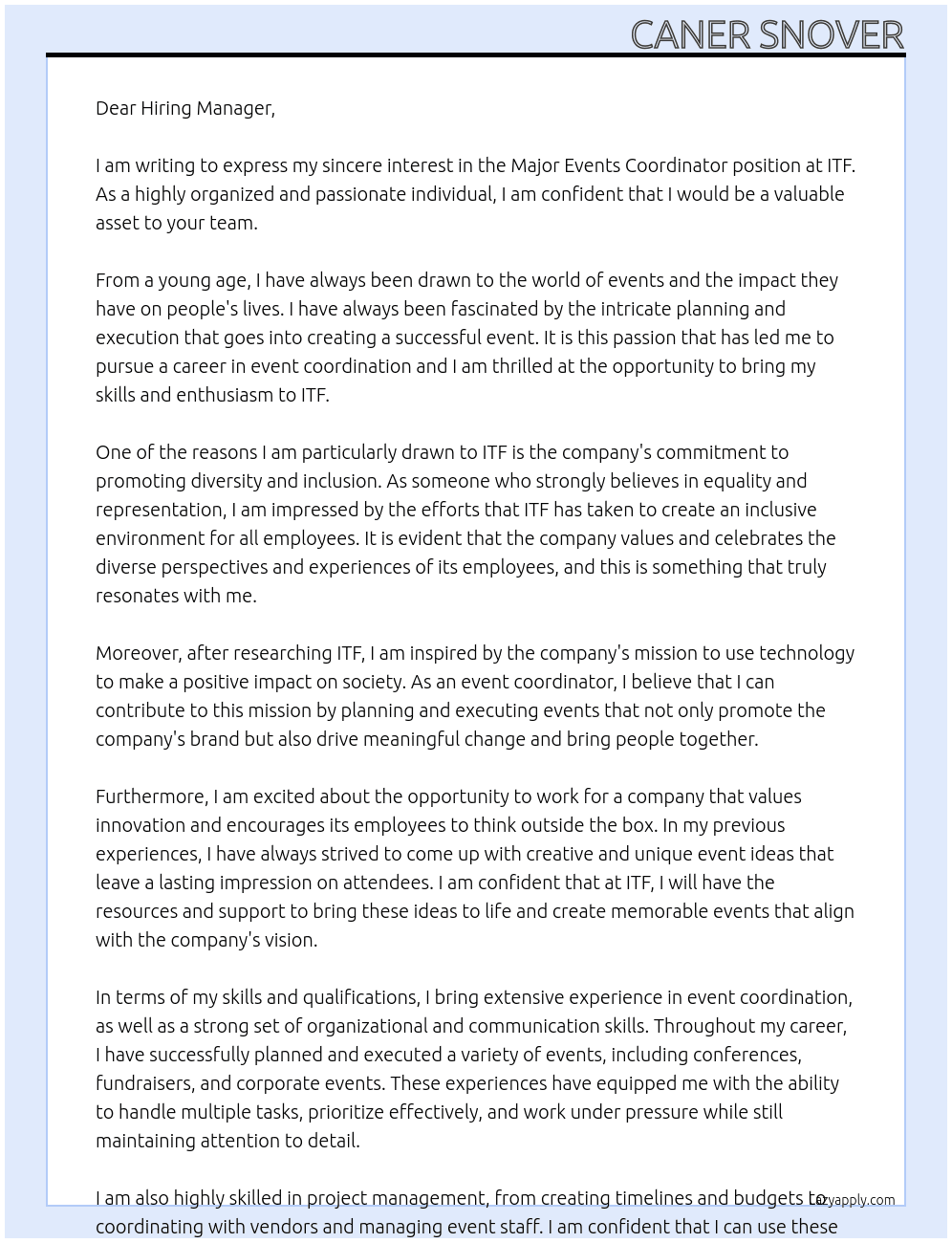 Major Events Coordinator  At ITF Cover Letter