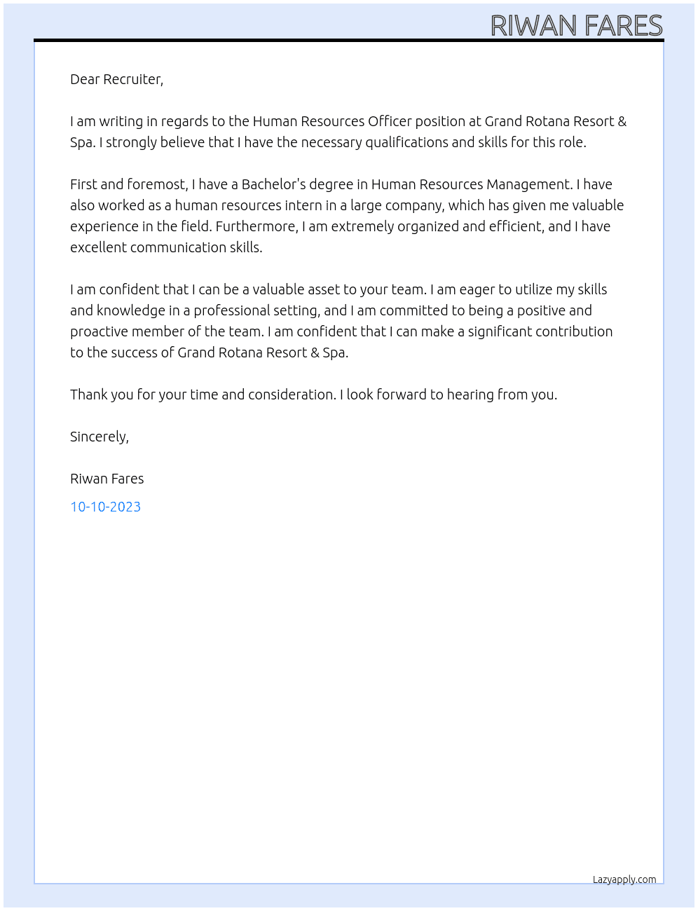 Human resources officer  At Grand Rotana Resort & Spa Cover Letter