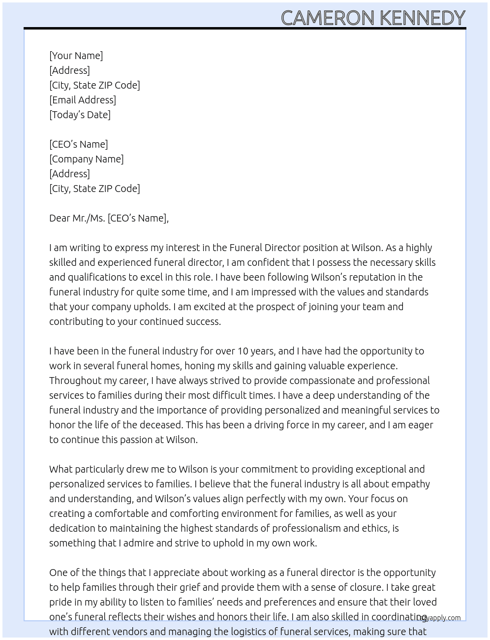 Funeral director  At Wilson Cover Letter