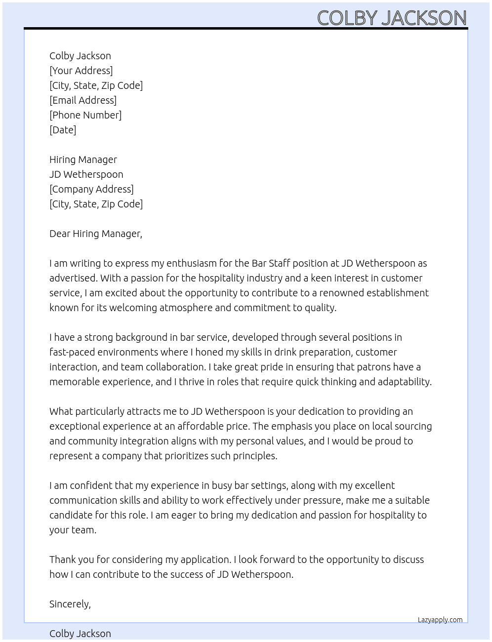 Bar Staff At JD Wetherspoon Cover Letter