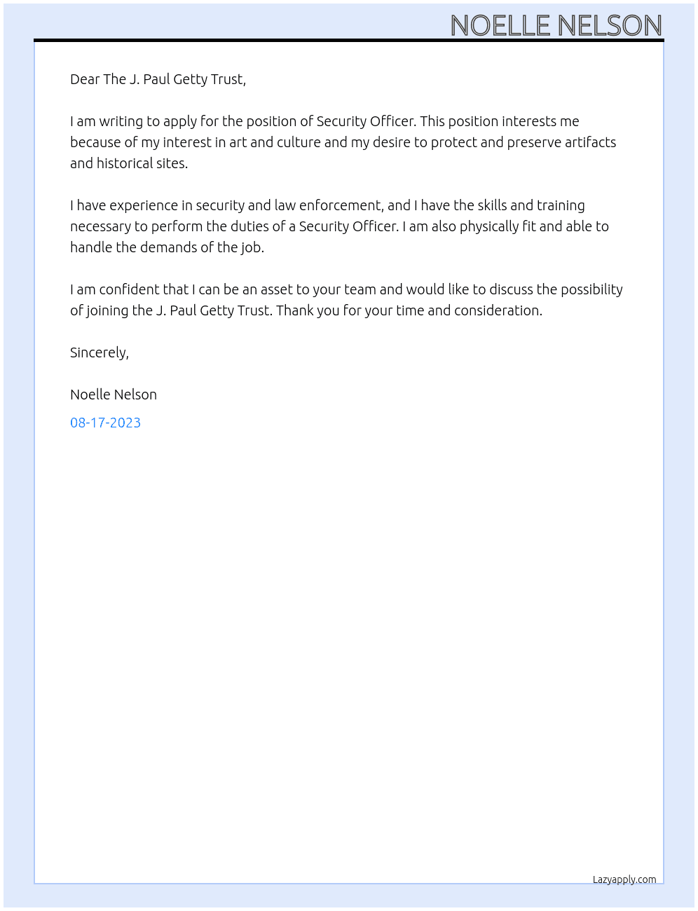 Security Officer  At J. Paul Getty Trust Cover Letter