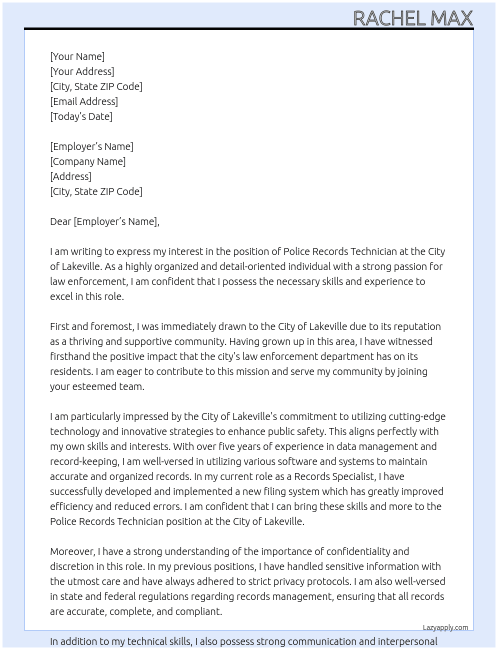 Police Records Technician  At City of Lakeville Cover Letter