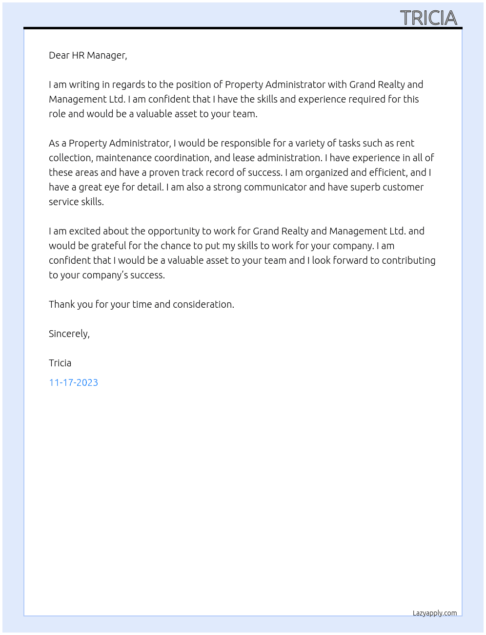 Property administrator  At Grand Realty and Management Ltd Cover Letter