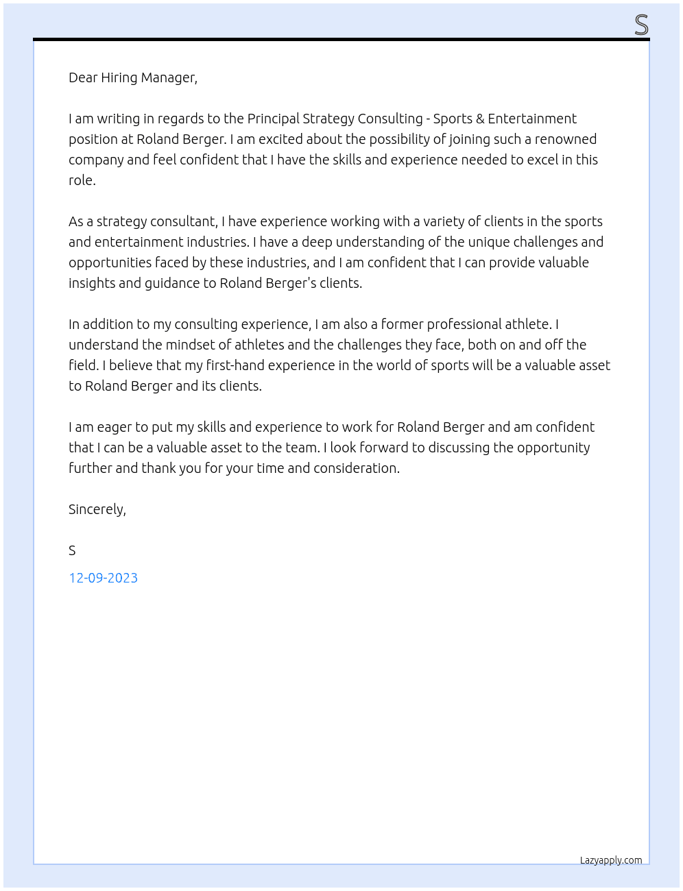 Principal Strategy Consulting - Sports & Entertainment At Roland Berger Cover Letter