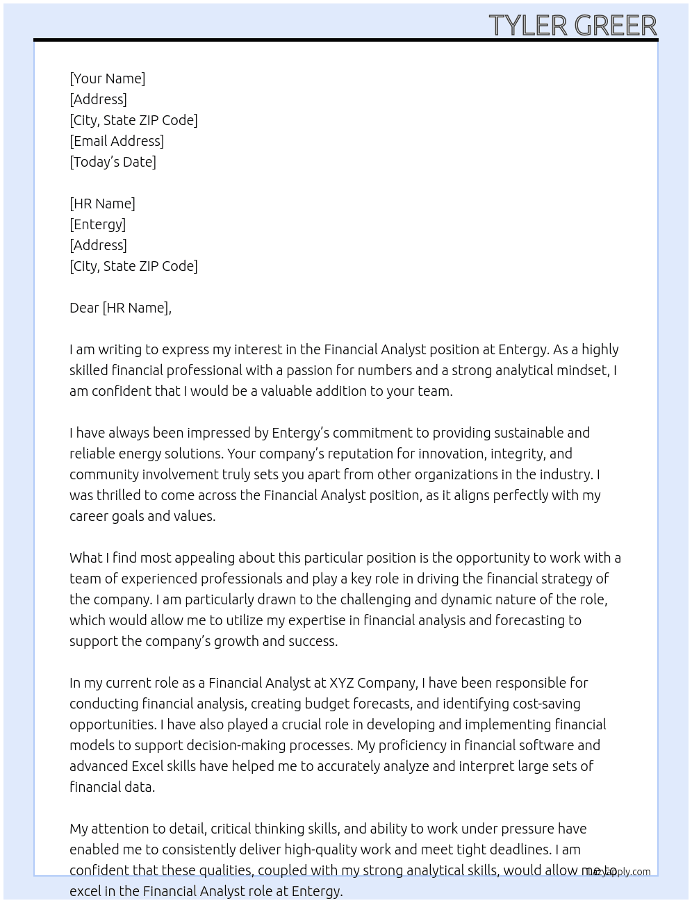 Financial Analyst At Entergy Cover Letter