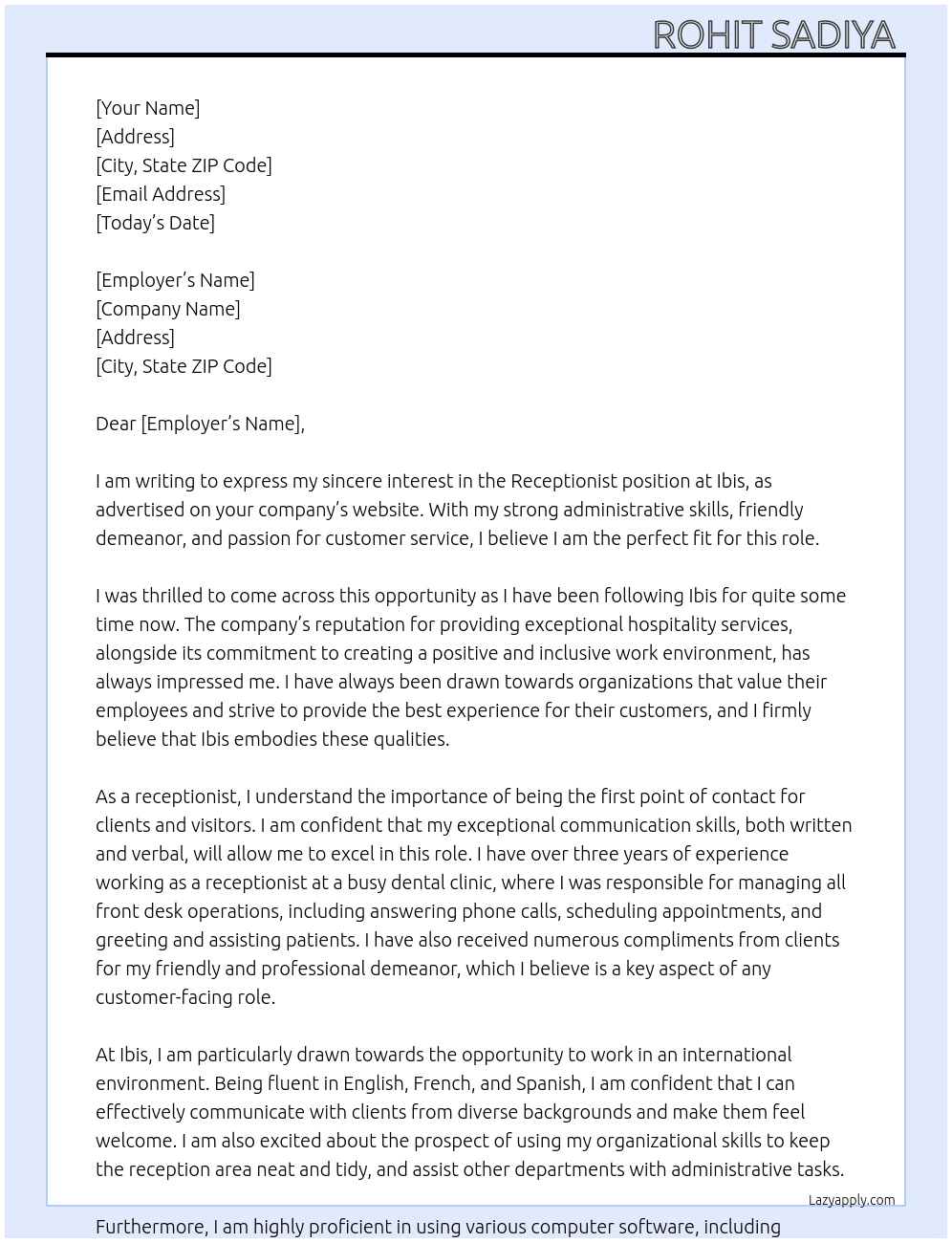 Receptionist  At Ibis  Cover Letter