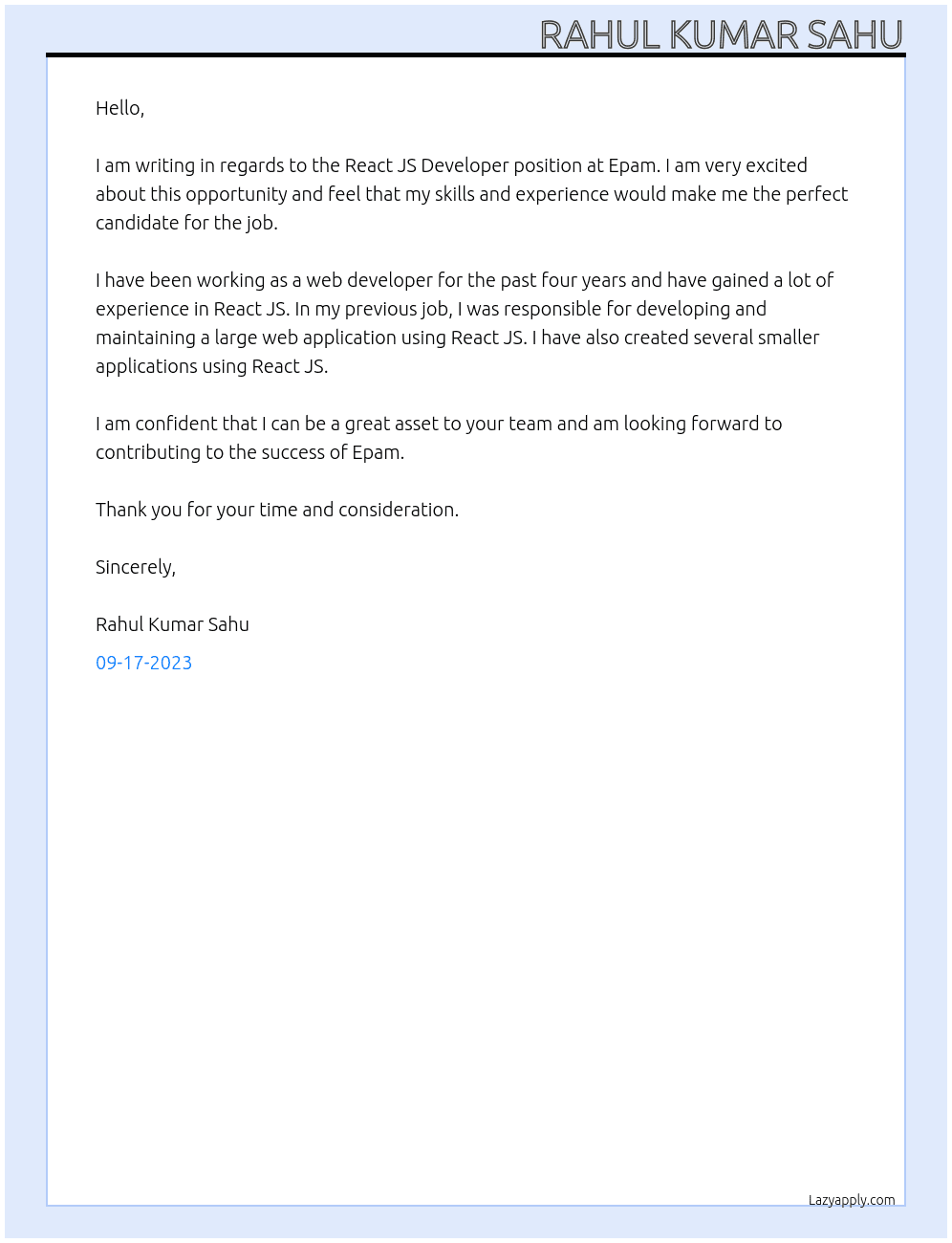 React JS Developer At Epam Cover Letter