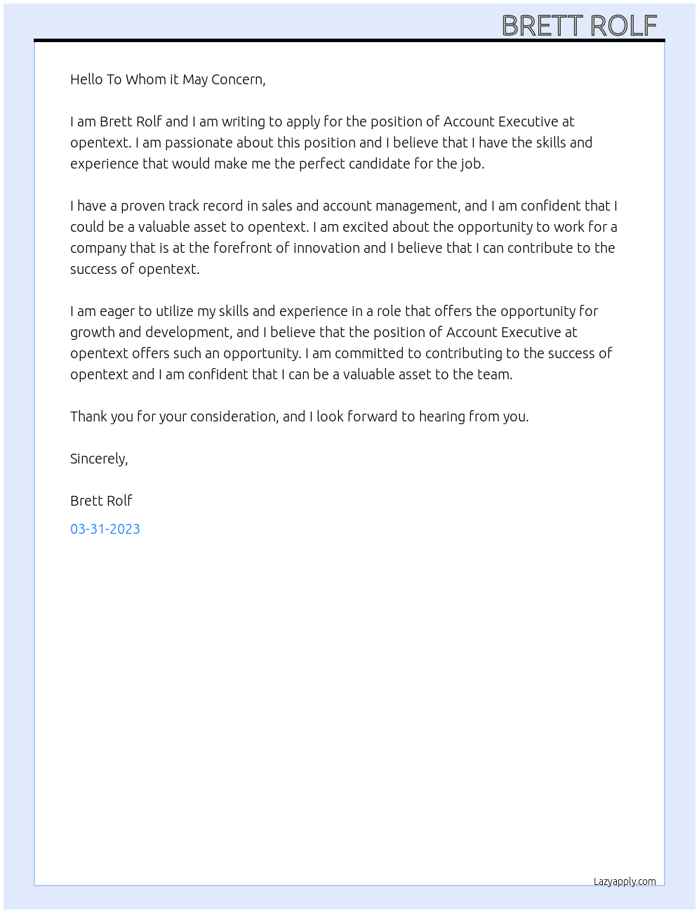 Account Executive  At opentext Cover Letter