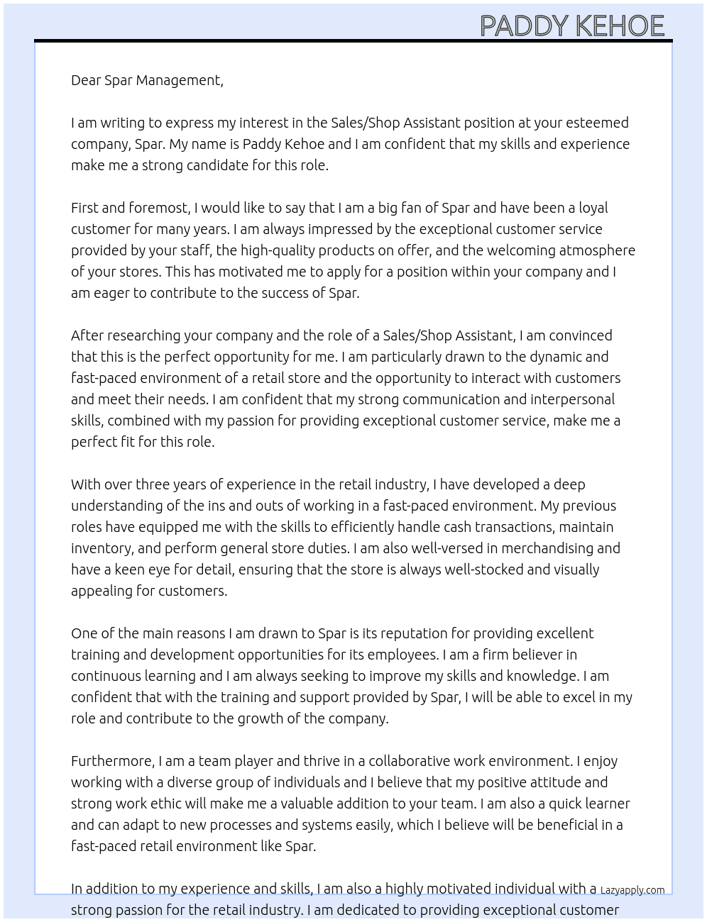 Sales/shop assistant  At Spar Cover Letter