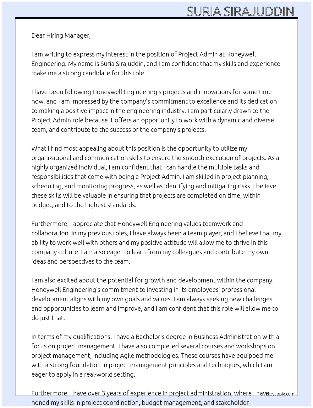 PROJECT ADMIN  At honeywell engineering  Cover Letter