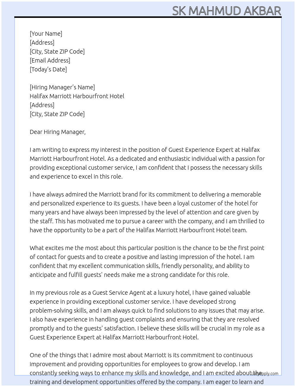 Guest Experience Expert At Halifax Marriott Harbourfront Hotel Cover Letter