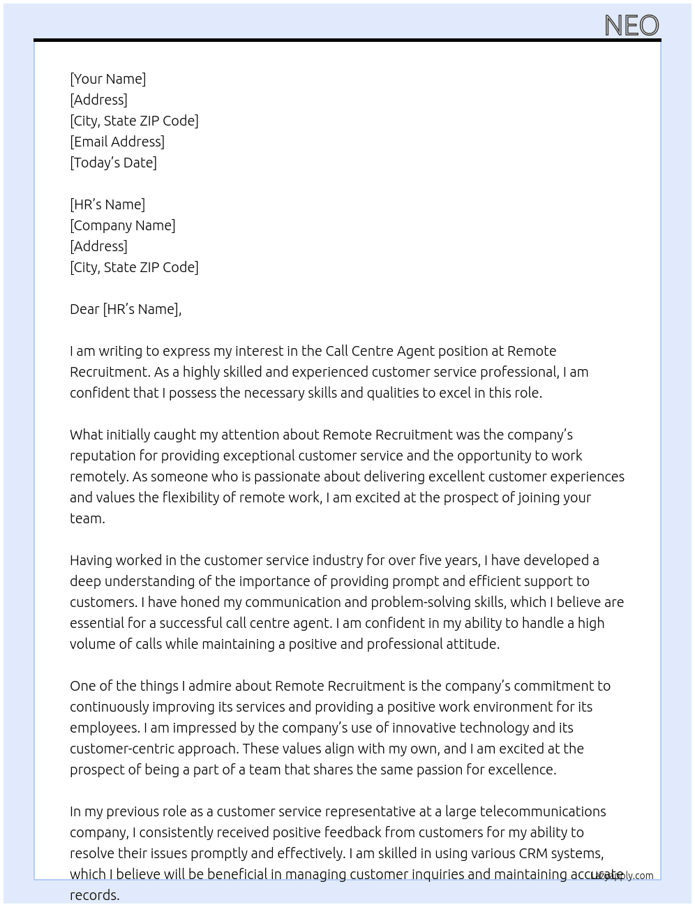 Call centre Agent At Remote Recruitment Cover Letter