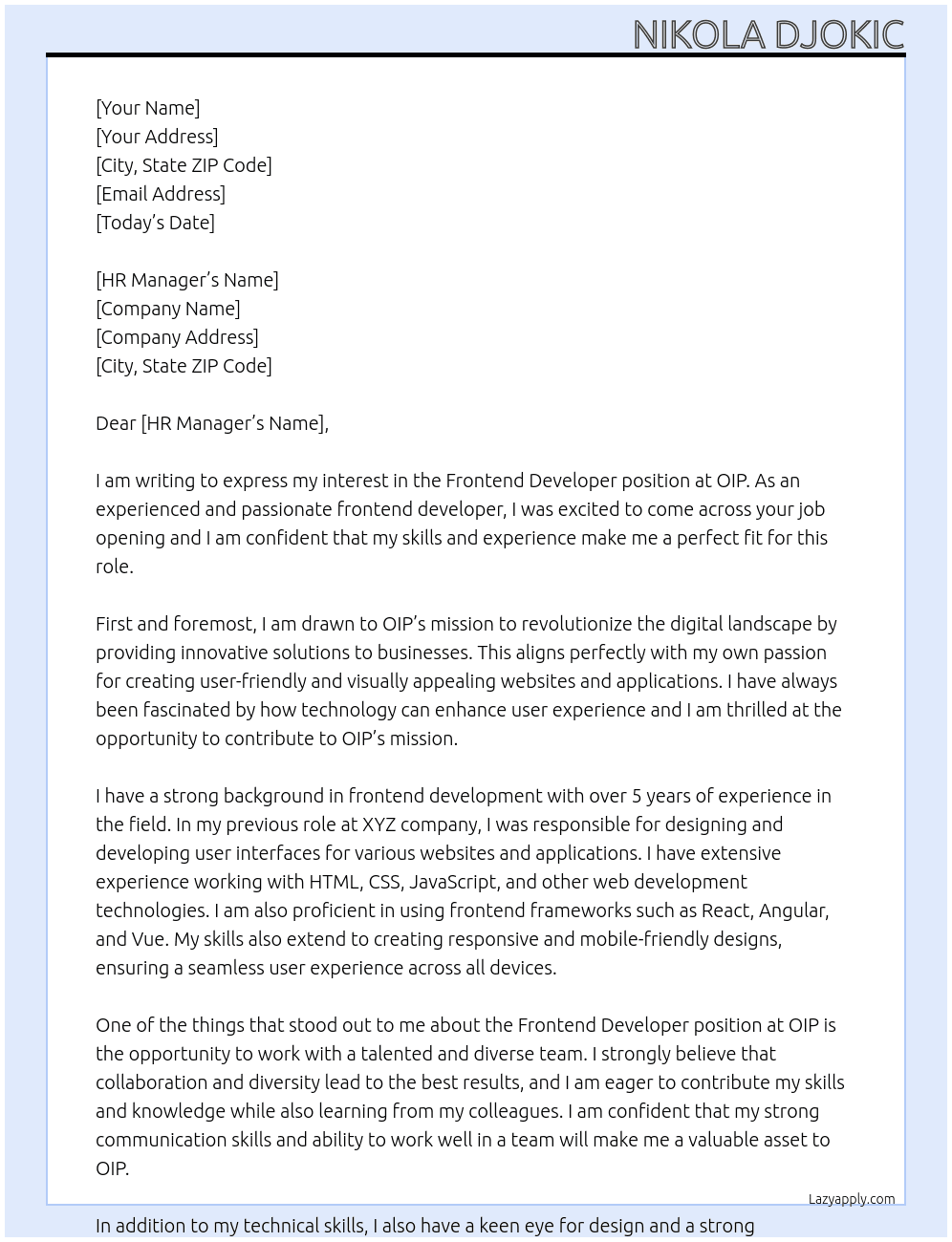 Frontend Developer At OIP Cover Letter