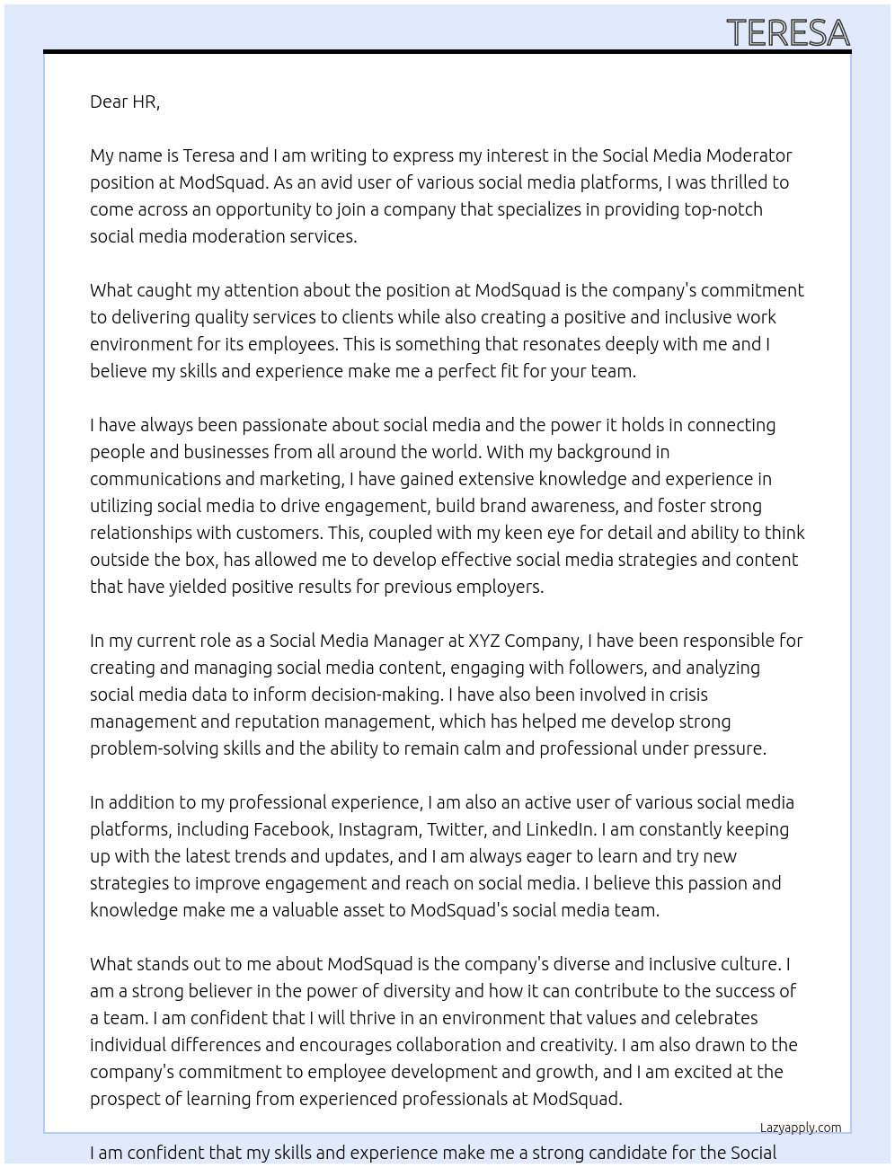 Social Media Moderator At ModSquad Cover Letter