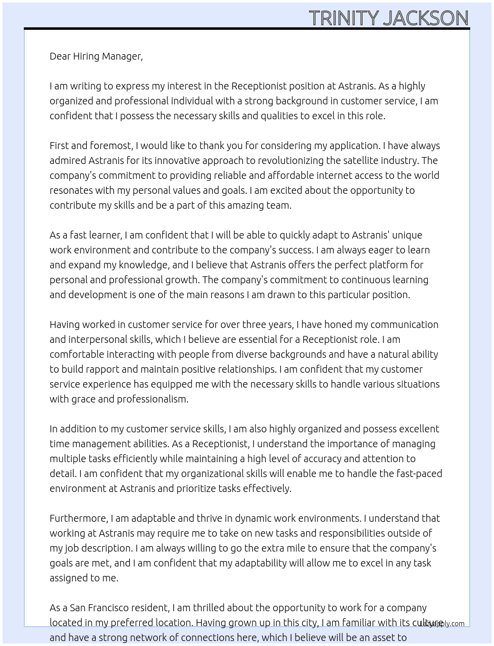 Receptionist At Astranis Cover Letter