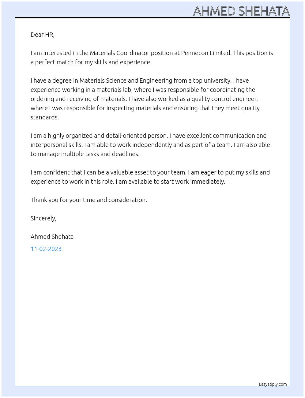 MATERIALS COORDINATOR At Pennecon Limited Cover Letter