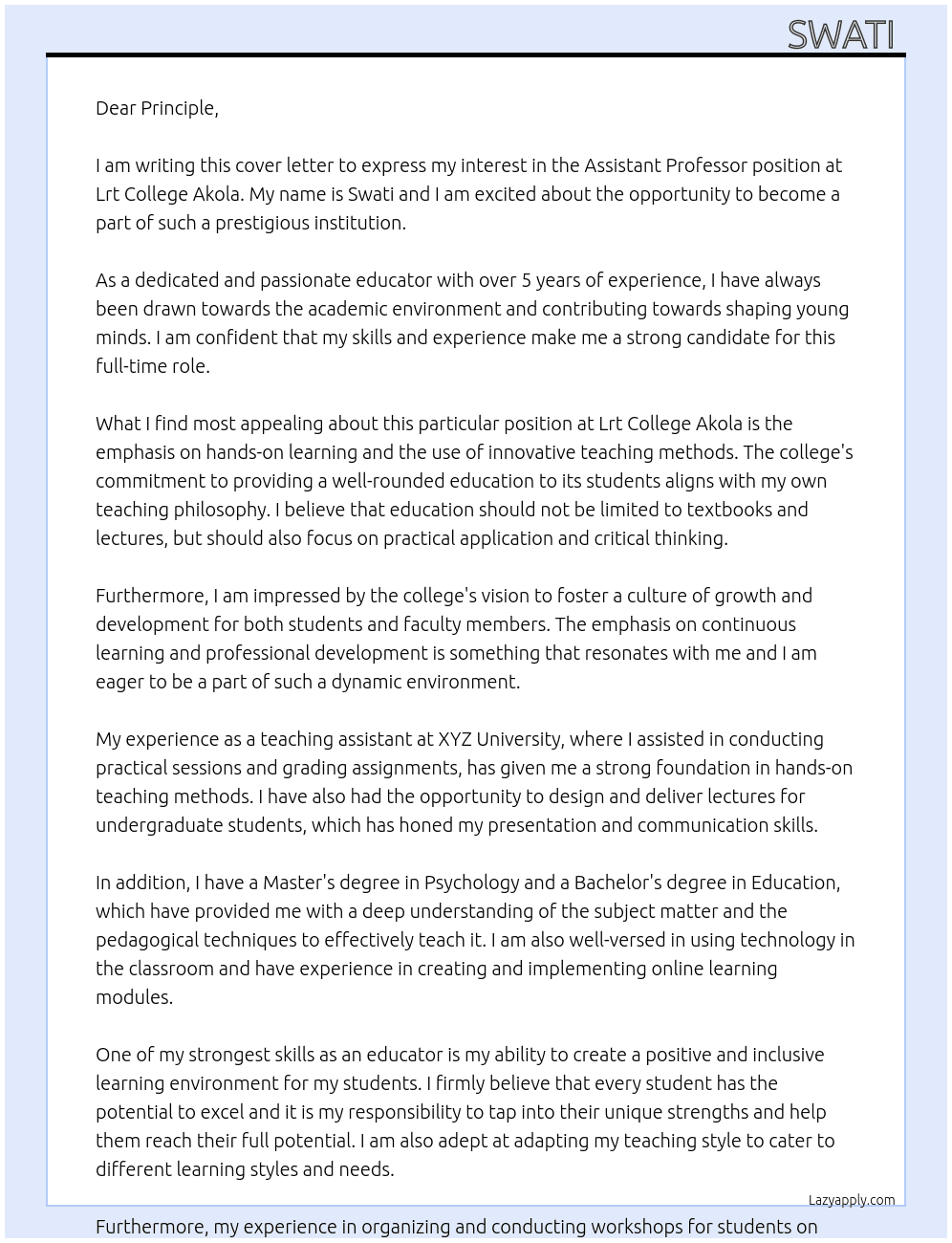 Assistant professor  At Lrt college akola Cover Letter