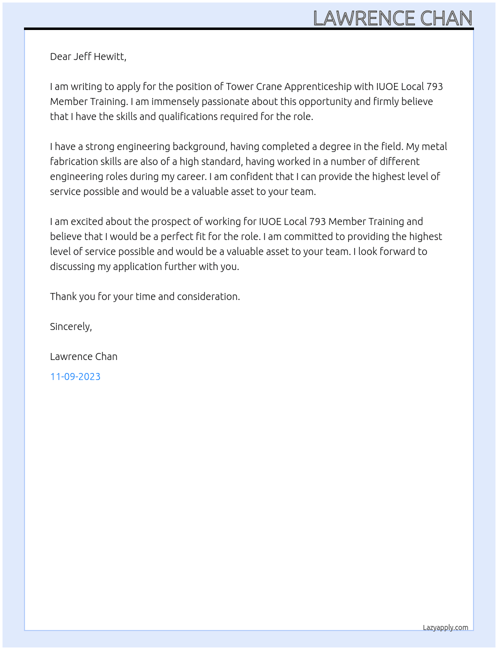Tower Crane Apprenticeship At IUOE Local 793 Member Training Cover Letter