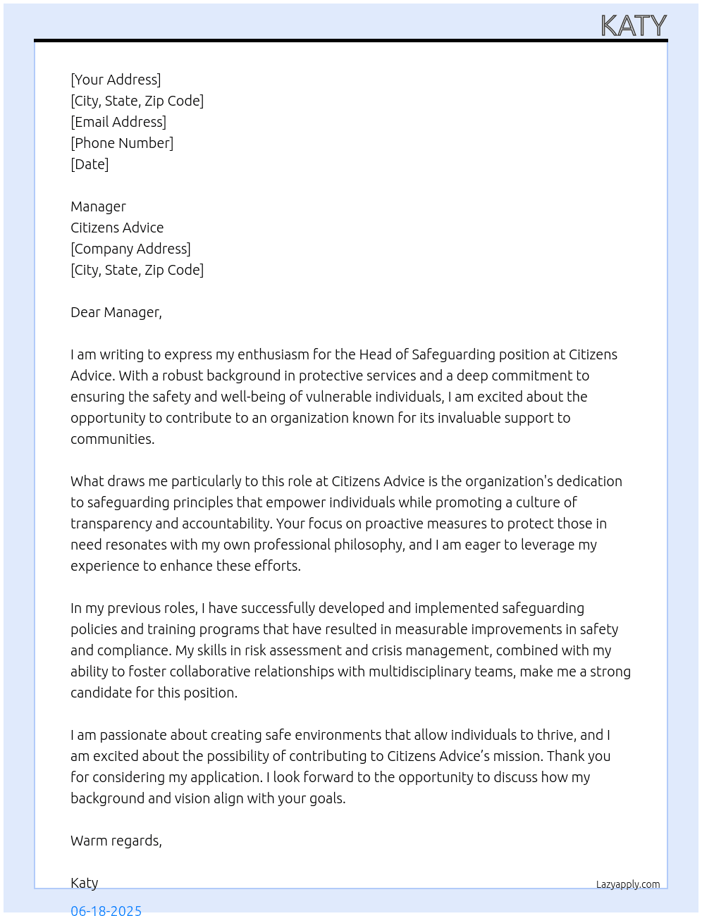 Head of Safeguarding  At Citizens Advice Cover Letter