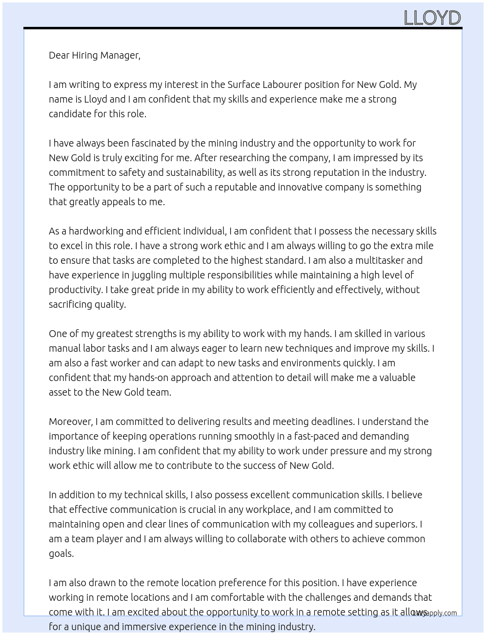 Cover letter for surface labourer for mine - LazyApply
