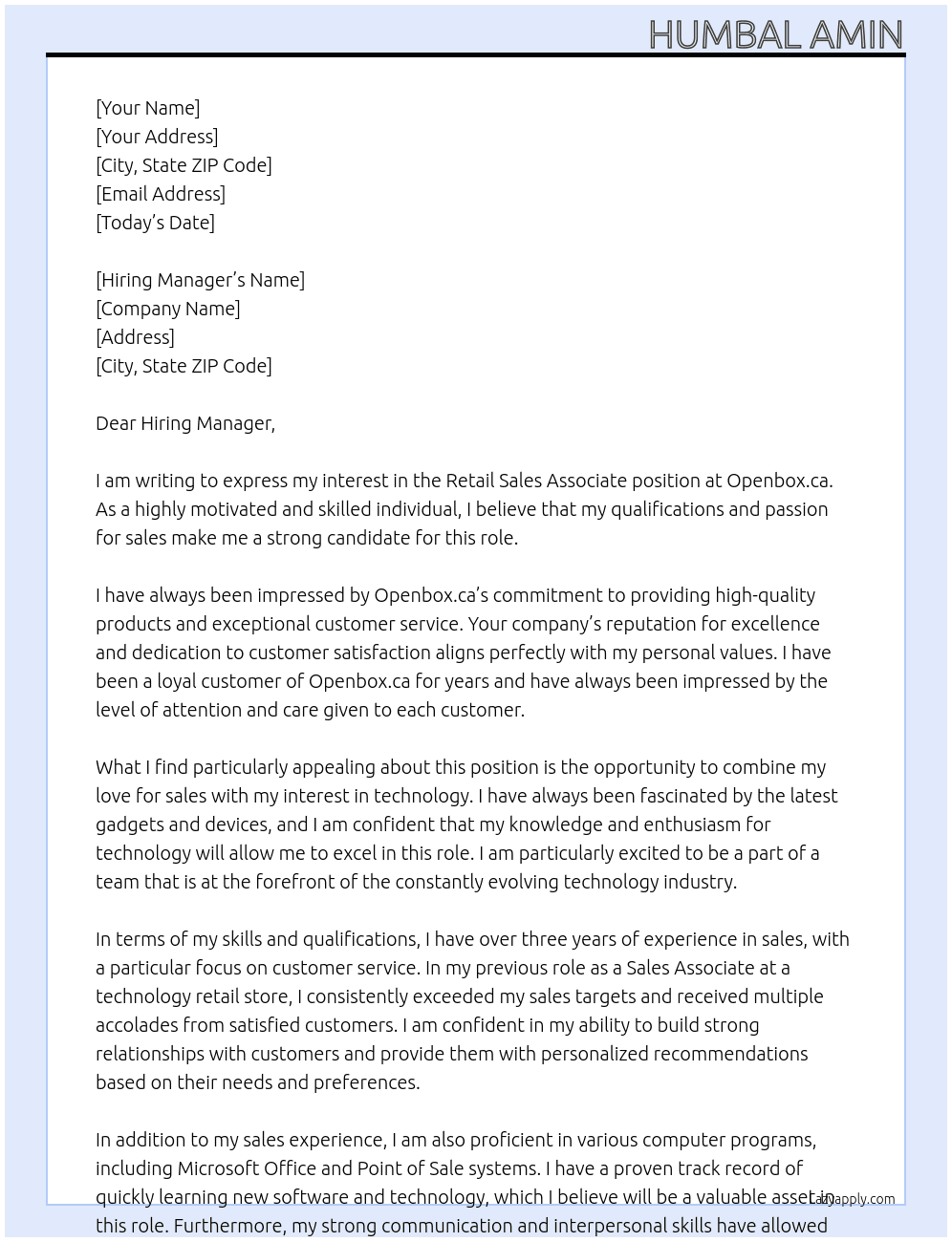 Retail Sales Associate At Openbox.ca Cover Letter