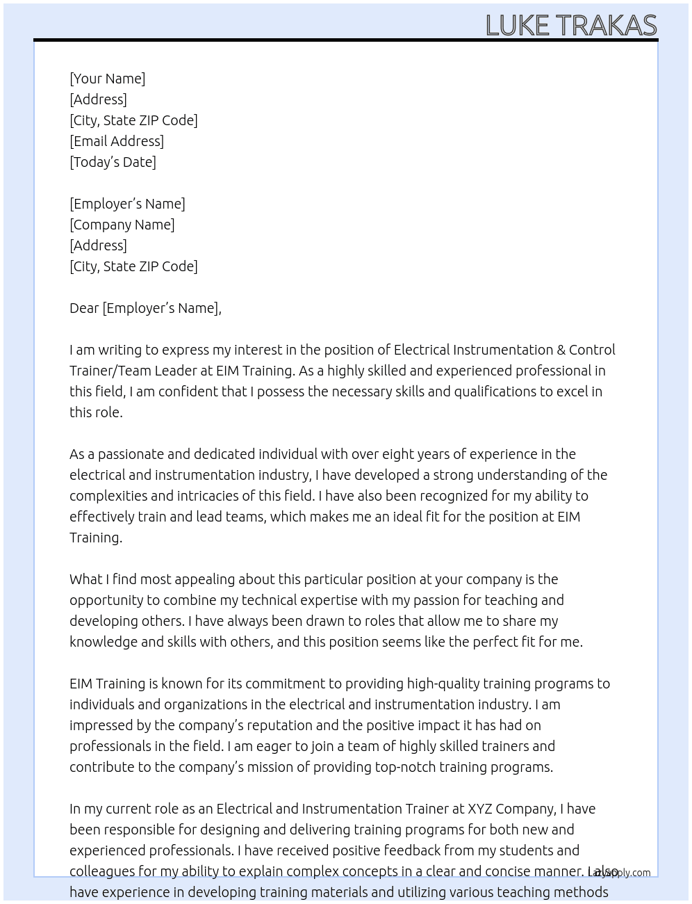 Electrical Instrumentation & Control Trainer/Team Leader At EIM Training Cover Letter