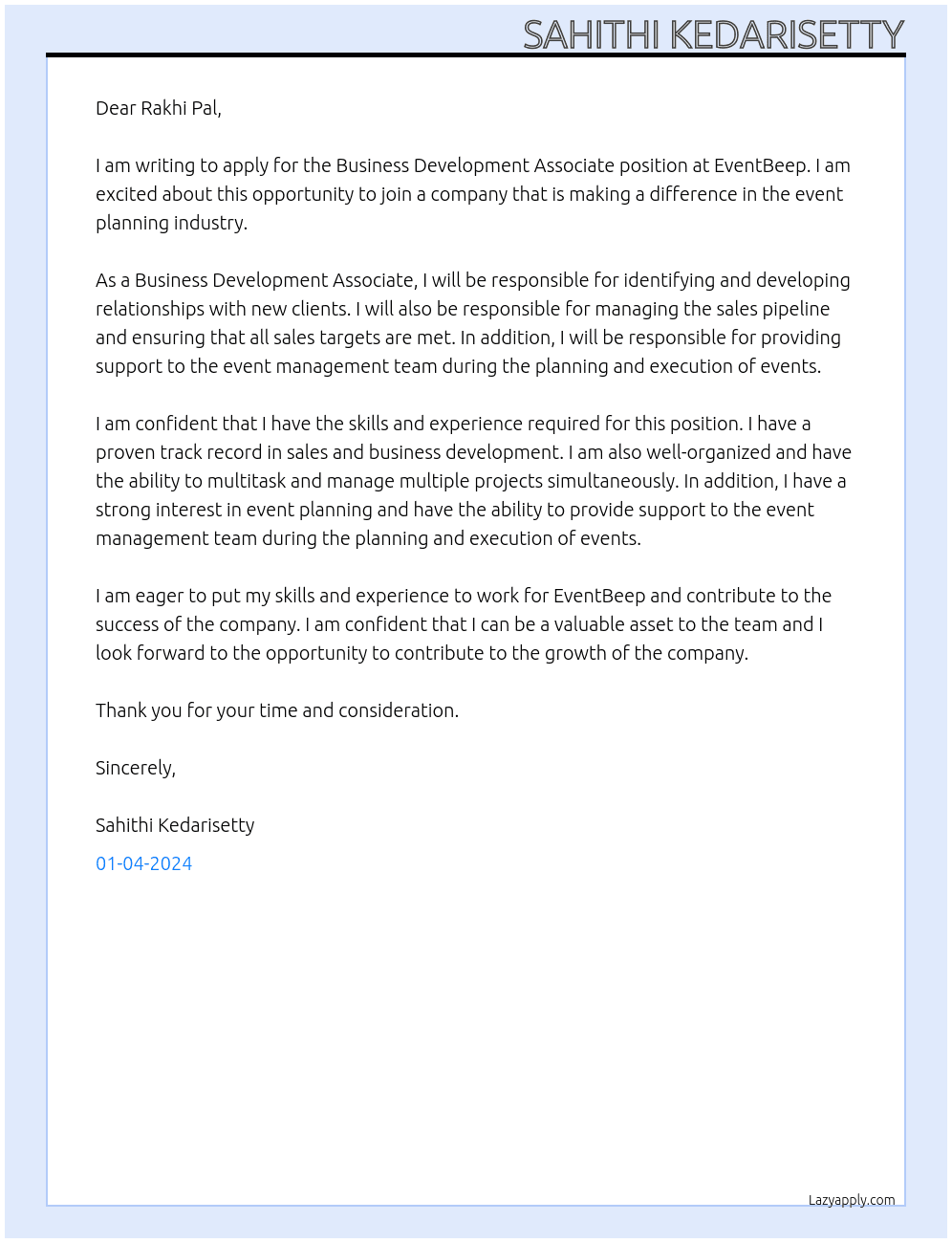 business development associate At EventBeep Cover Letter