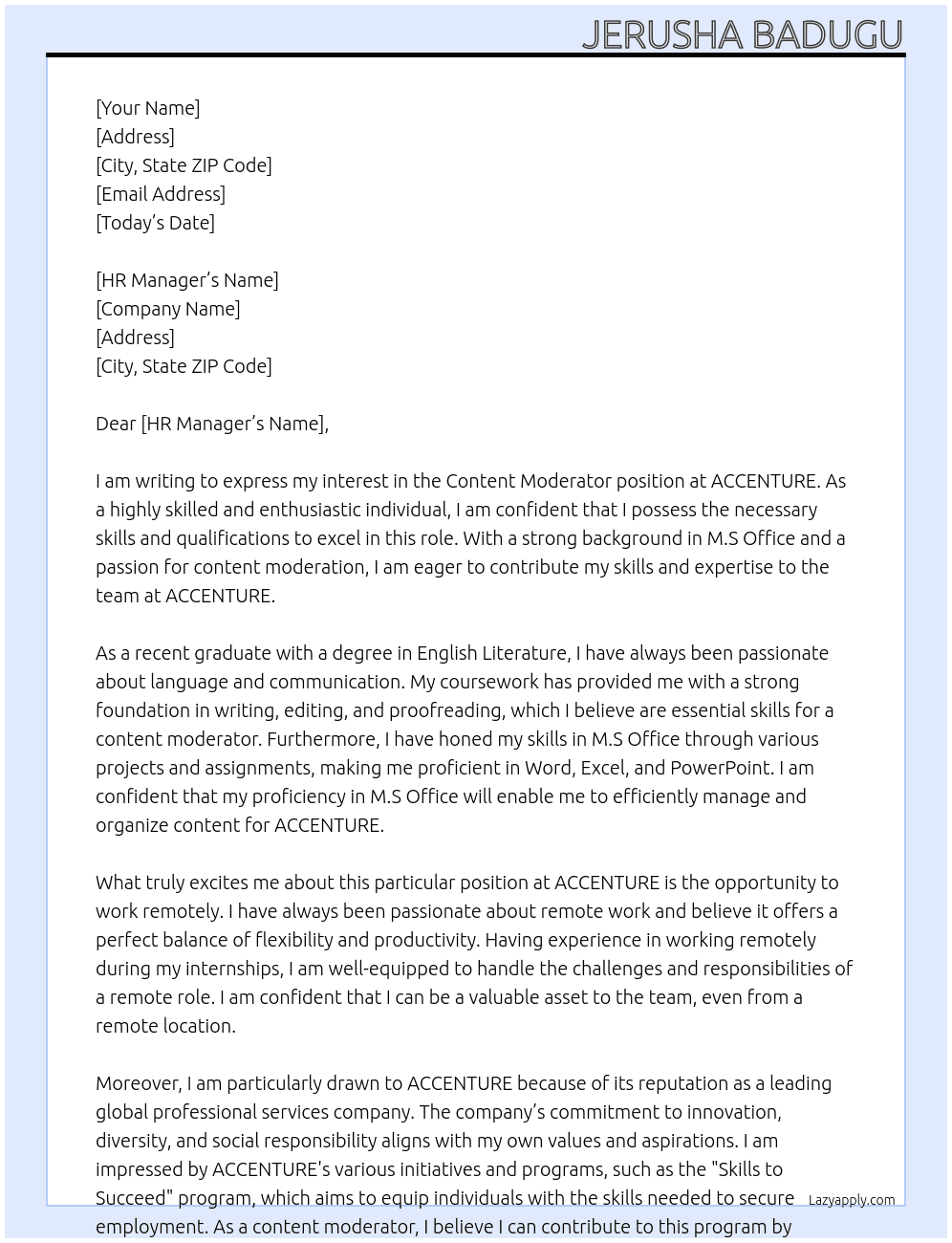 Content moderator  At ACCENTURE  Cover Letter
