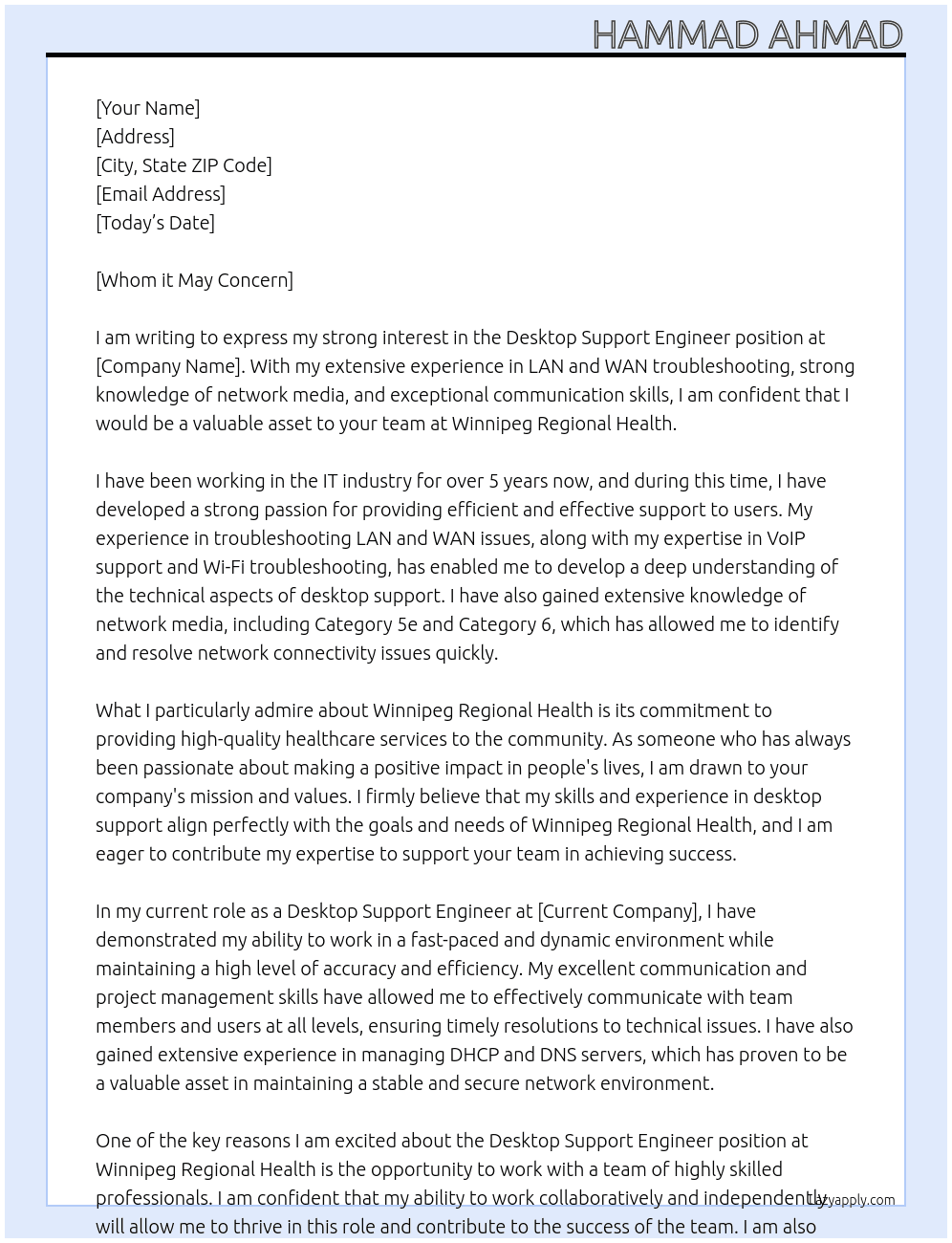 Desktop Support Engineer  At Winnipeg Regional Health Cover Letter