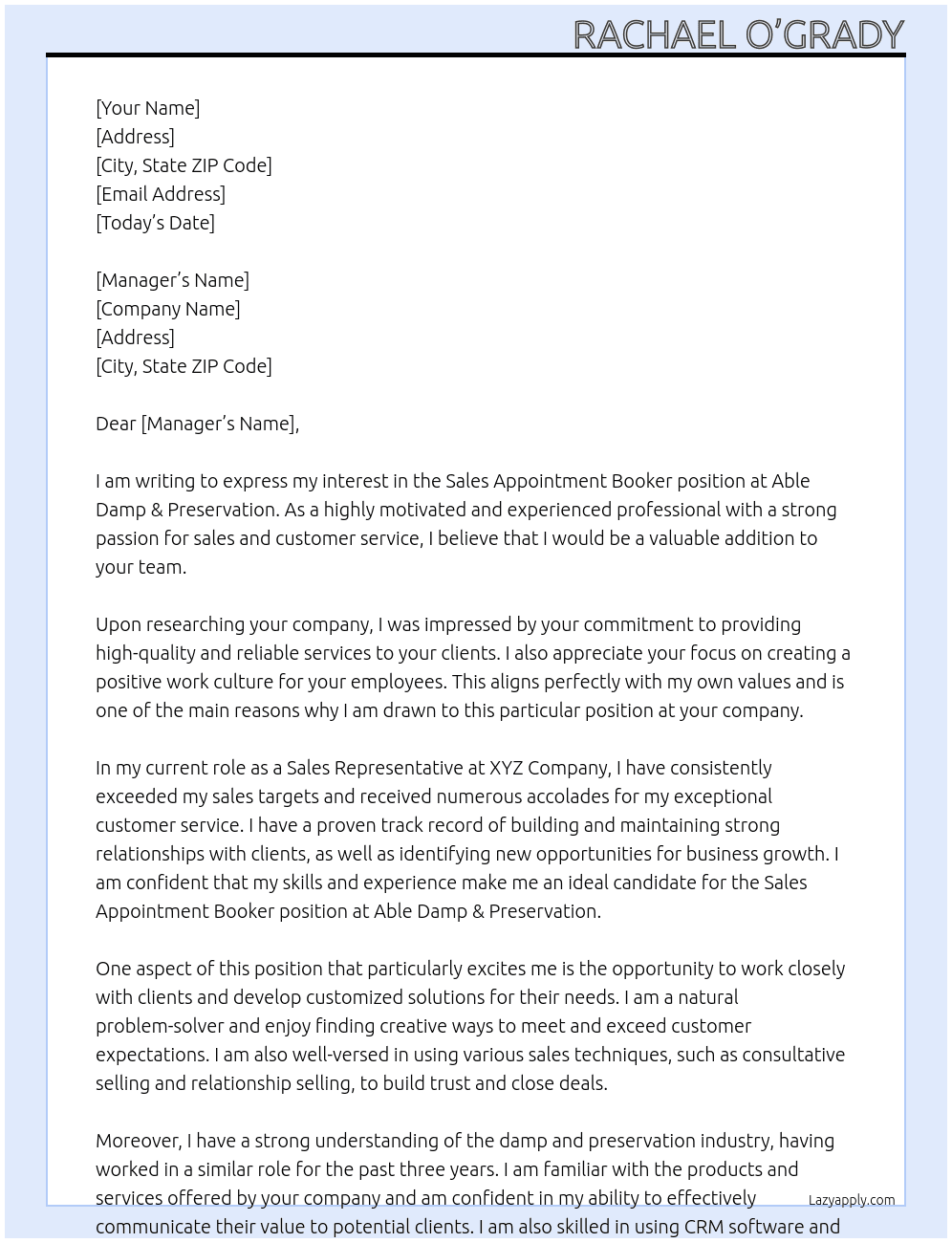 Sales Appointment Booker At Able Damp & Preservation Cover Letter
