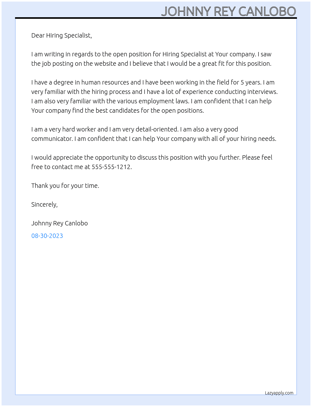 Hiring Specialist At Your Cover Letter