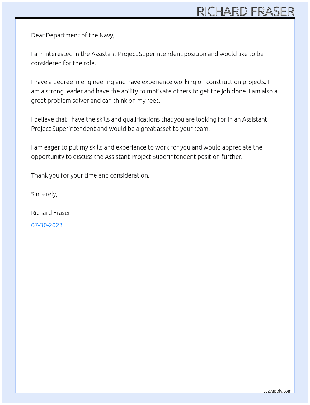 Assistant Project Superintendent  At NAvy Cover Letter