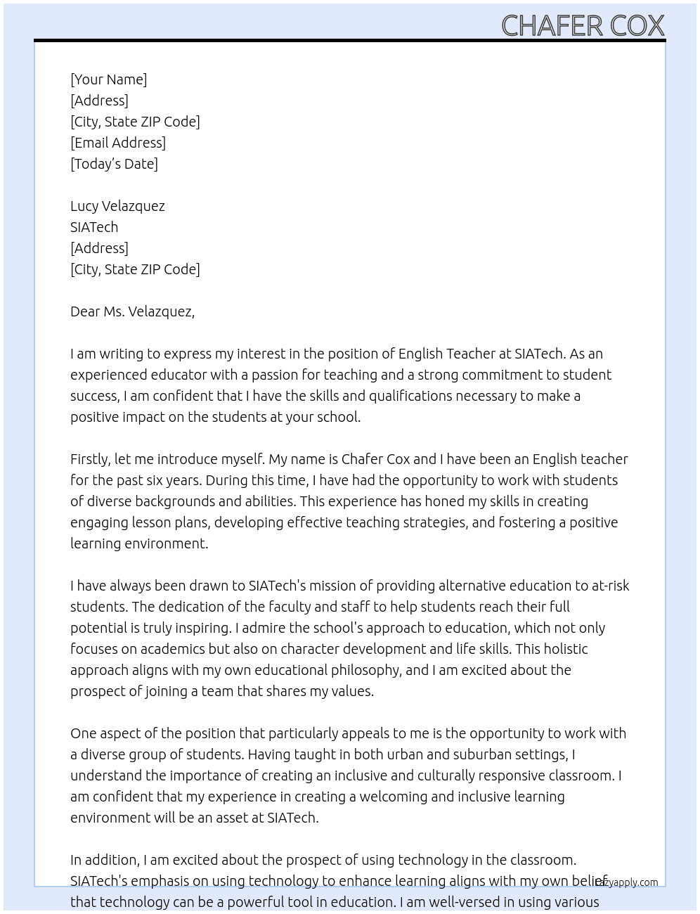 English Teacher At SIATech Cover Letter