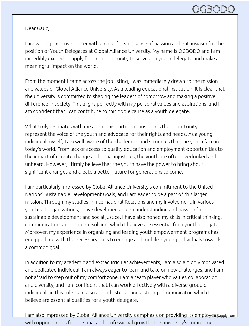 Youth delegates  At Global alliance university  Cover Letter