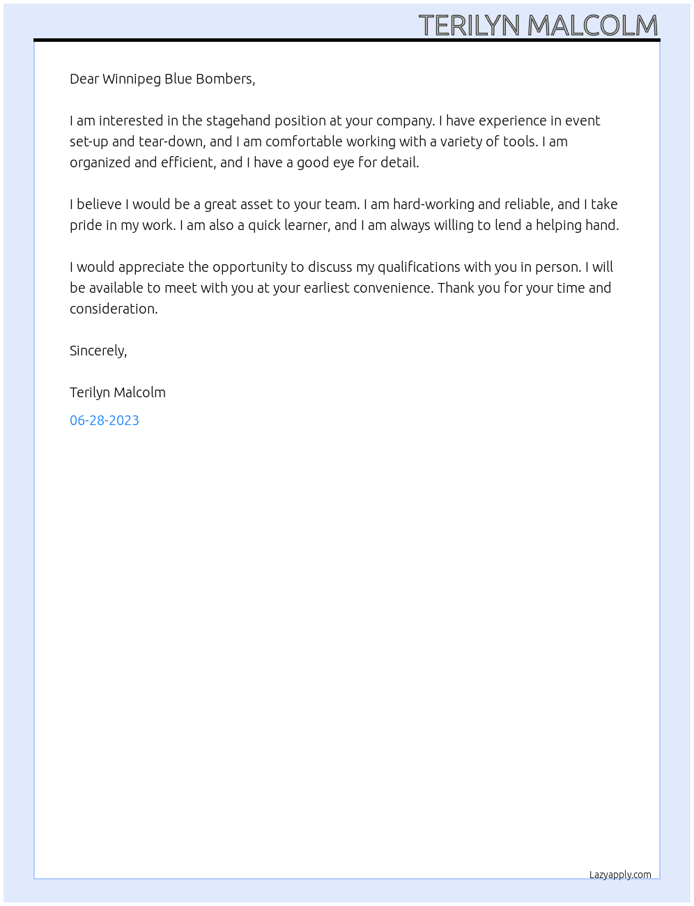 Stagehand At Winnipeg Blue Bombers Cover Letter