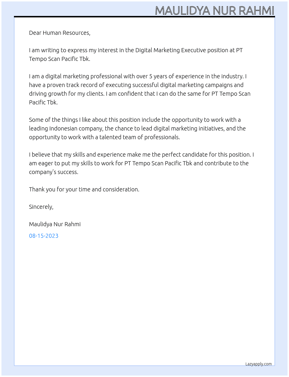 DIGITAL MARKETING EXECUTIVE  At PT Tempo Scan Pacific Tbk Cover Letter