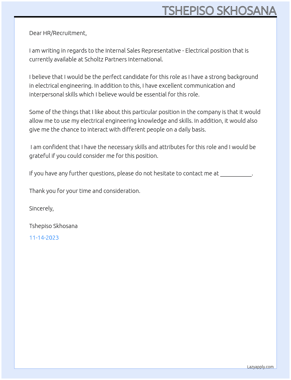 Internal Sales Representative - Electrical At Scholtz Partners International Cover Letter