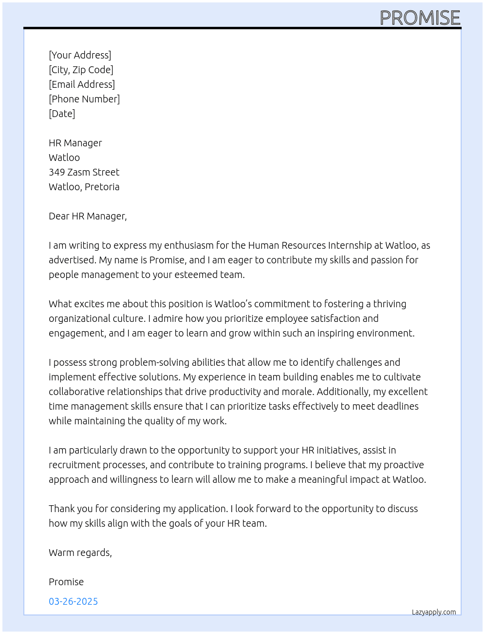 Human resources internship At Watloo, Pretoria Cover Letter