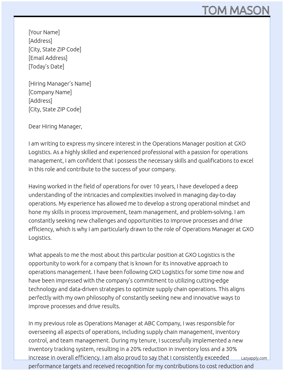 Operations Manager At GXO Logistics Cover Letter