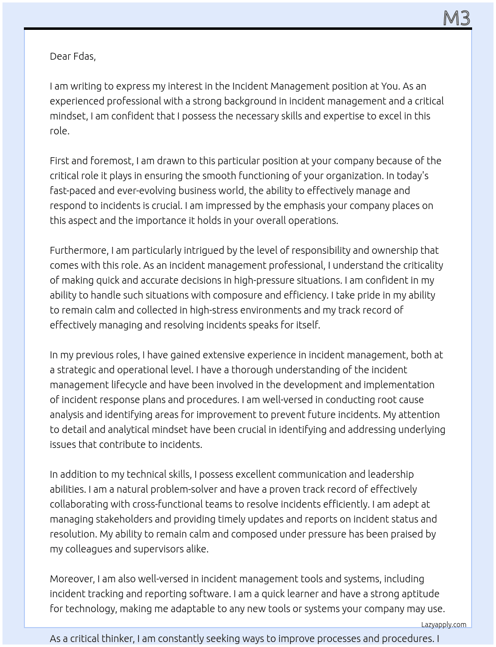 Cover letter for incident management - LazyApply