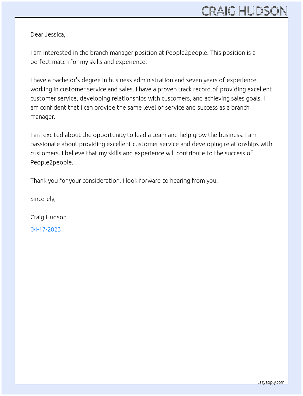 Branch Manager At People2people Cover Letter