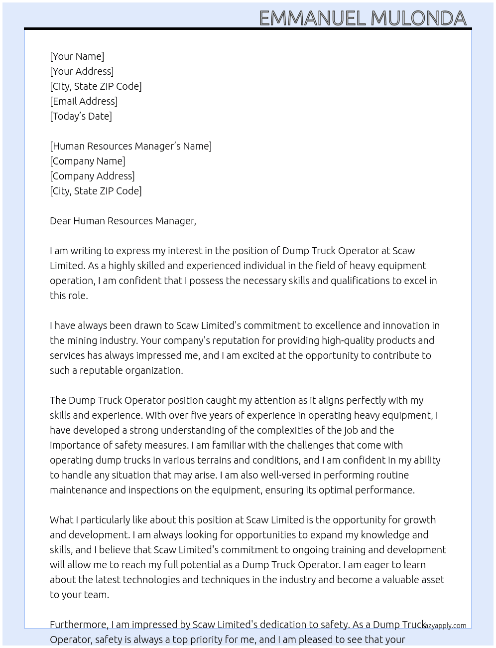 Dump truck operator At Scaw Limited  Cover Letter